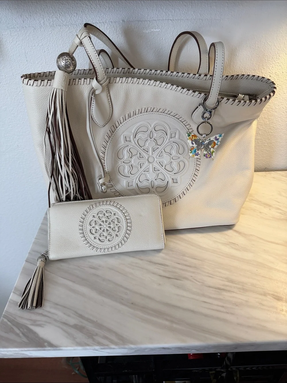 Brighton White Tote with Matching Wallet and added Butterfly Charm